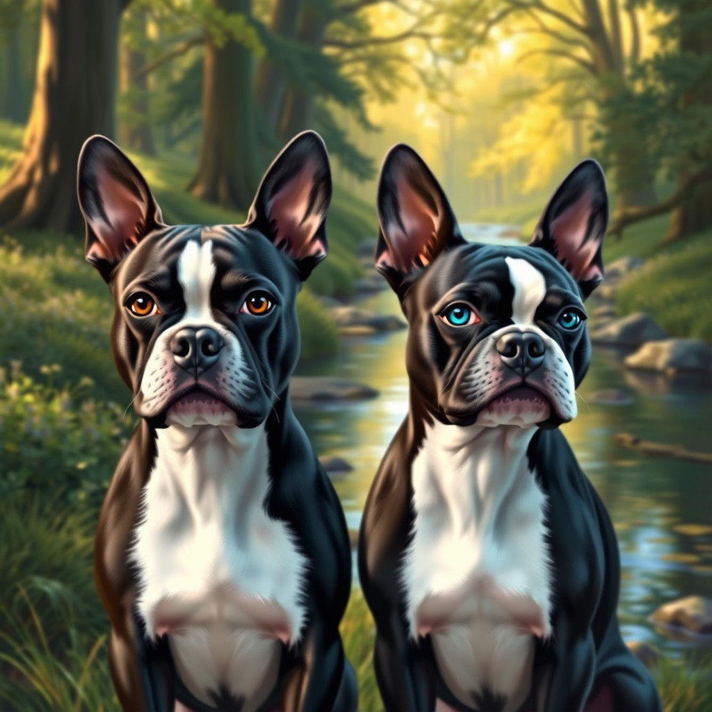 Boston Terriers in Impressionistic Natural Landscape