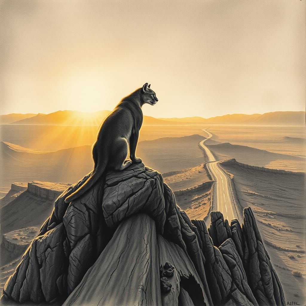 Mountain Lion Overlooking Desert Highway as Charcoal Drawing