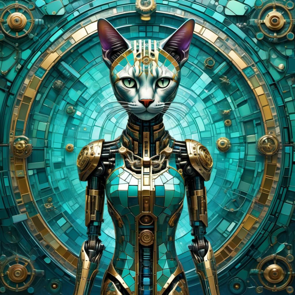 Biomechanical Feline Humanoid in Cyberpunk Art Deco Style