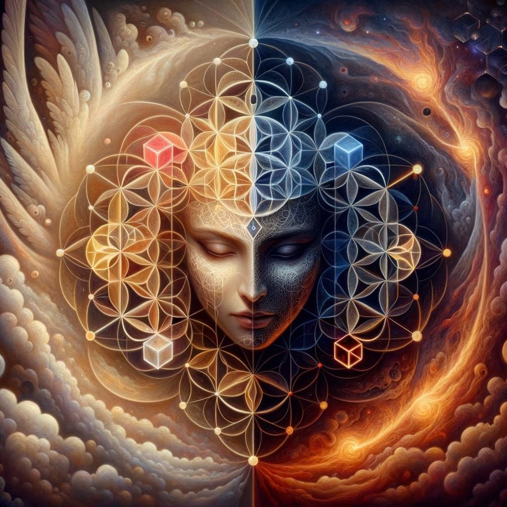 MC Escher style detailed matte painting Op-Art illustration using sacred geometry. (1.5) The positive space should depic...