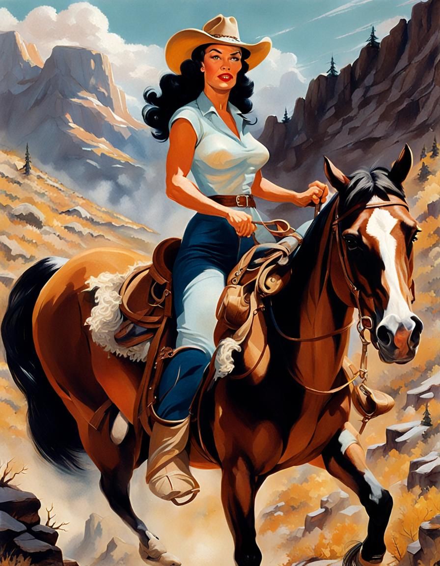 Cowgirl in Cowboy Hat on Horseback