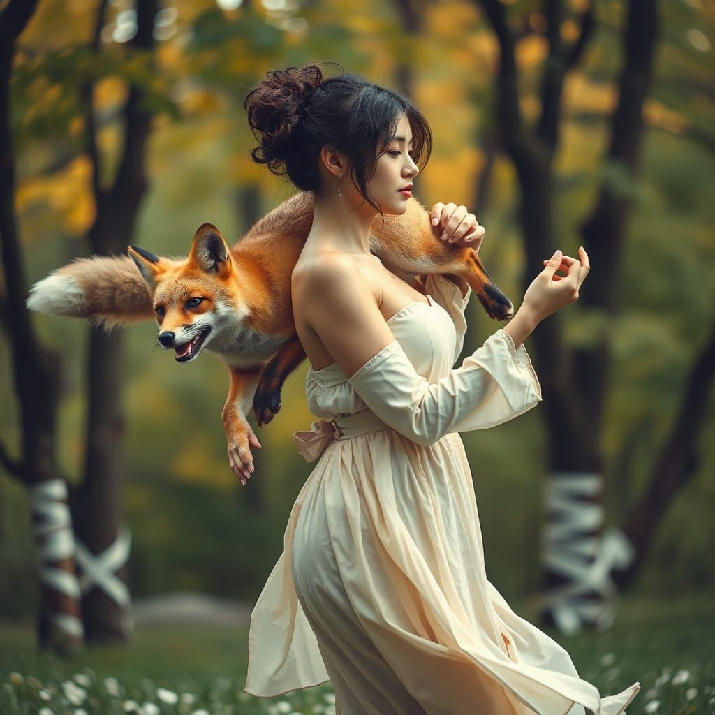 Woman and Fox Double Exposure in Ethereal Style