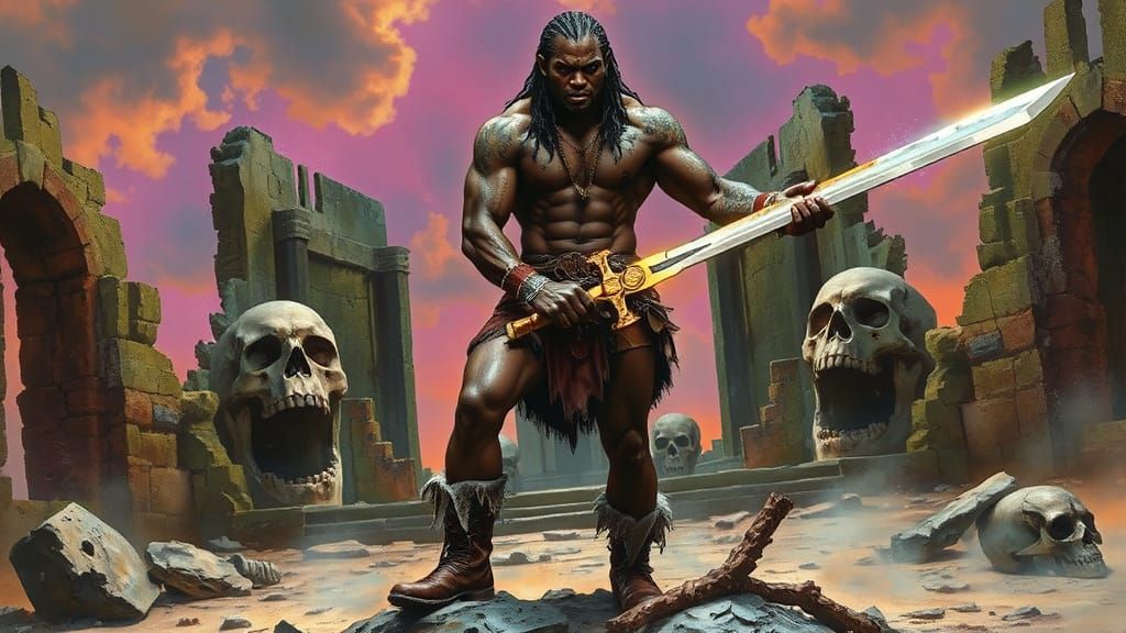 Fierce Tattooed Warrior with Mystical Sword in Action Pose