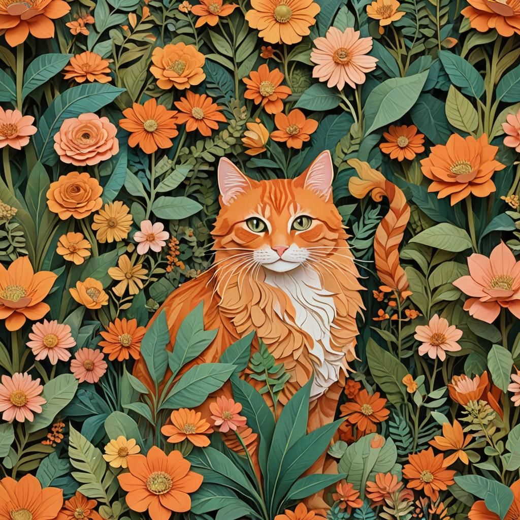 Girl and Cat in Fairytale Paper Collage Style