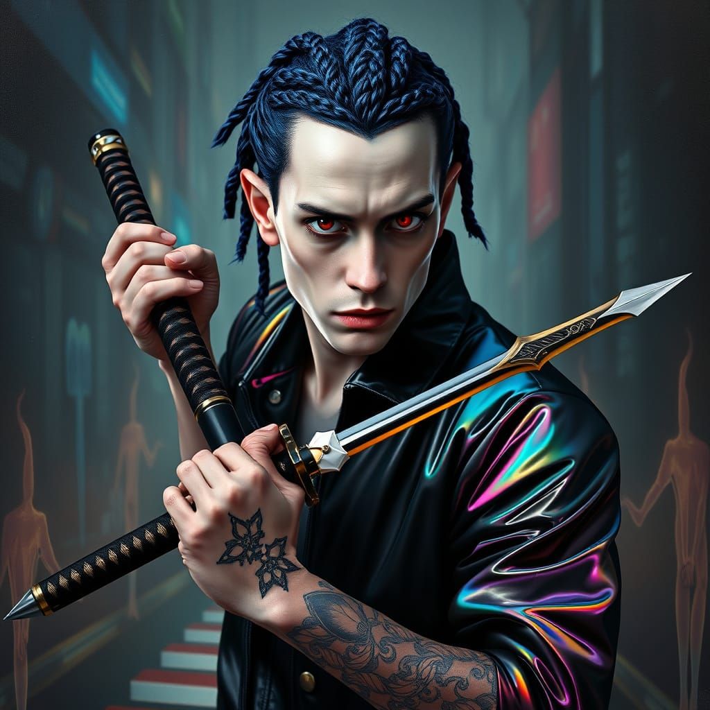 Futuristic Warlock with Rainbow Jacket and Katana