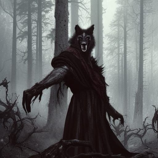 Werewolf in Dark Forest: Hyperdetailed Dark Fantasy Art