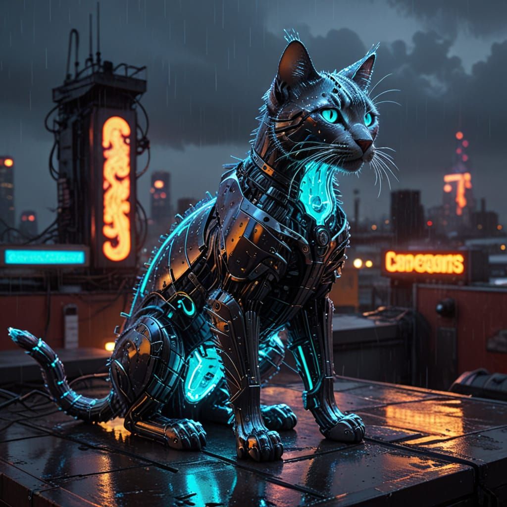 Cyberpunk Plasma Cat on Neon City Rooftop
