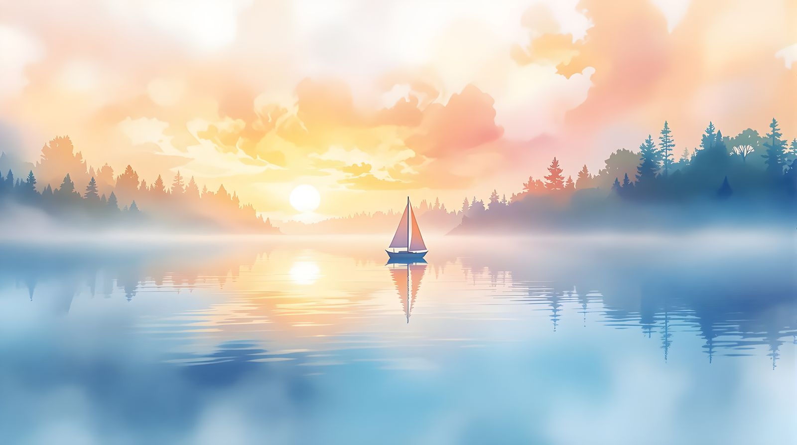 Whimsical Watercolor Sunset on a Serene Lake