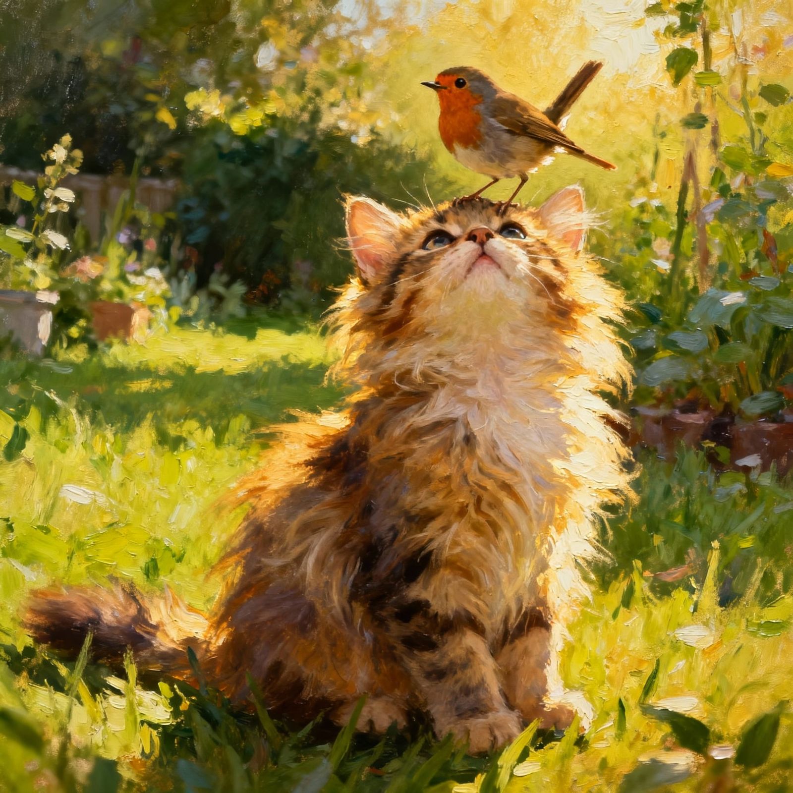 Fluffy Kitten with Robin in Garden, Oil Painting Style