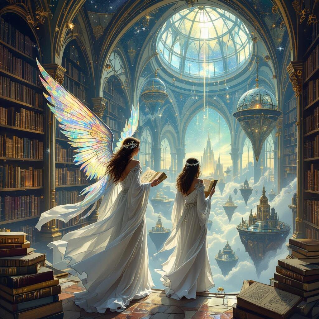 Celestial Library With Ethereal Librarians in Art Nouveau St...