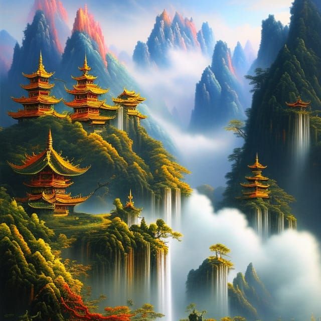 Chinese Dragon in a Fantastical Landscape, Digital Painting