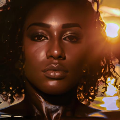 Stunning Black Woman Emerges from Ocean at Golden Sunset