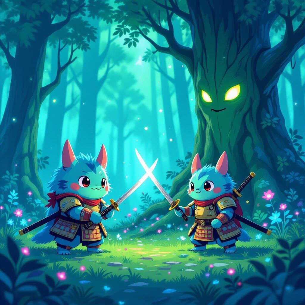 Cute Monster Samurai Warriors Training in Bioluminescent For...