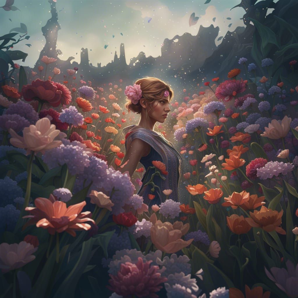 Blooming Flowers Portrait in Art Nouveau Style