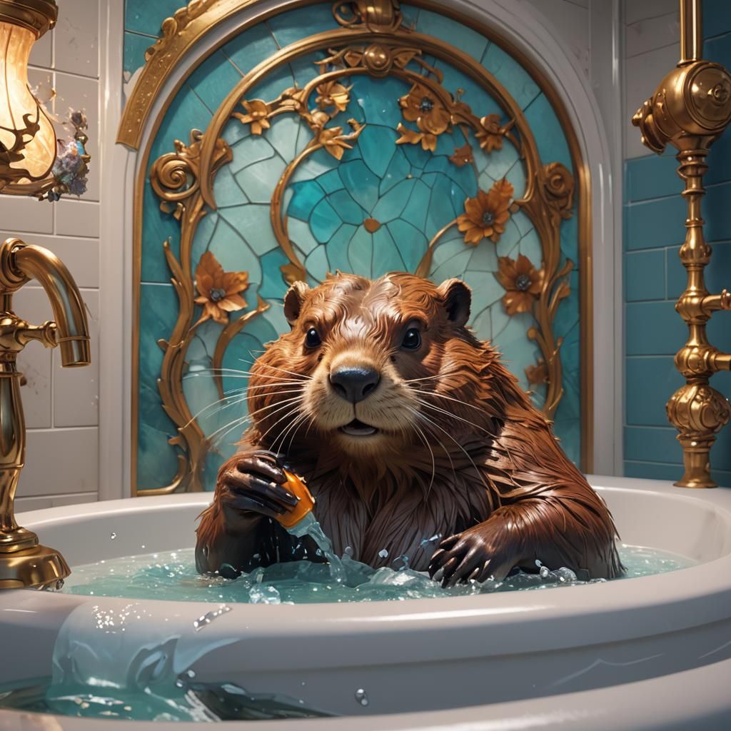 Disney-Style Beaver in Bathtub Checks His Phone