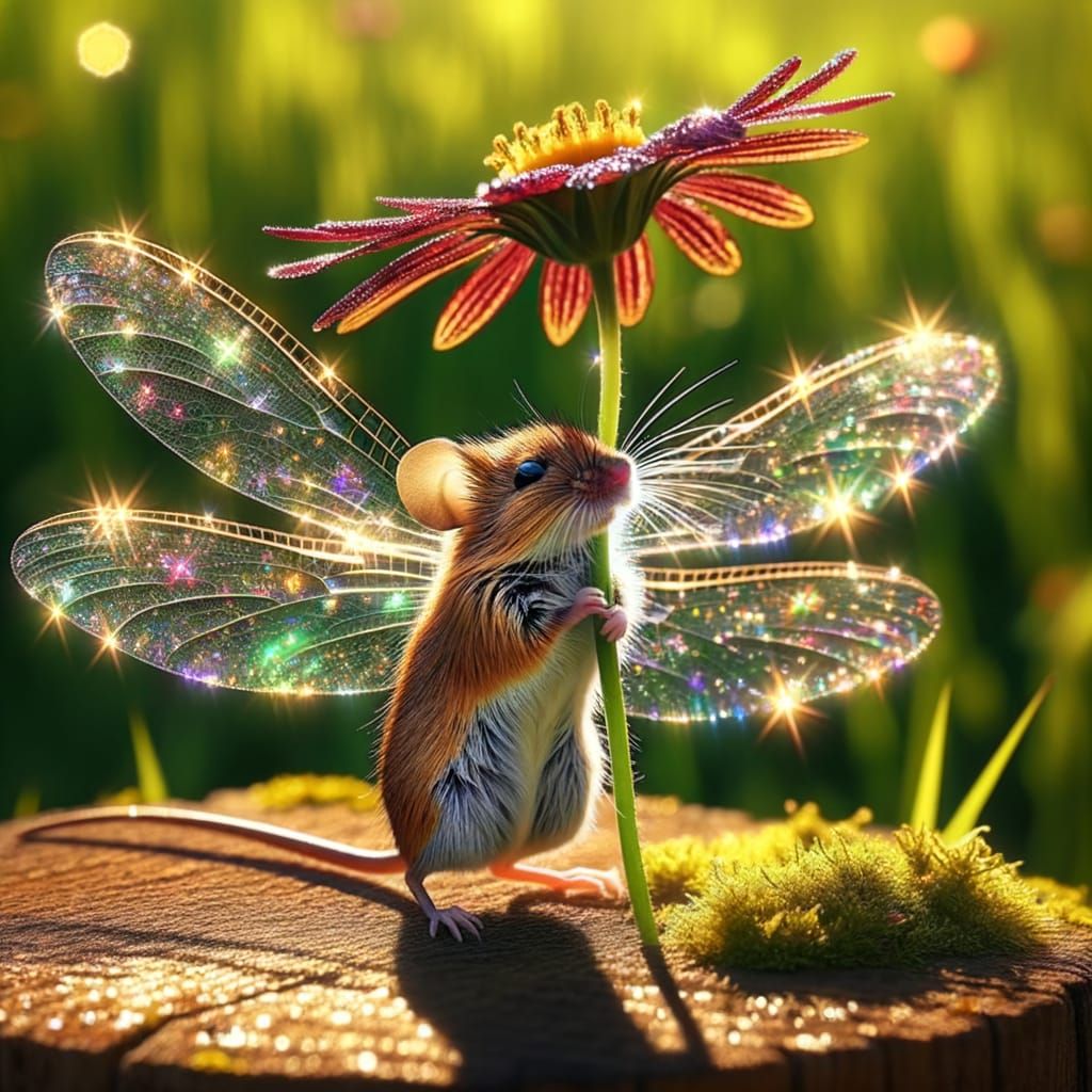 Mouse with Dragonfly Wings and Flower Parasol