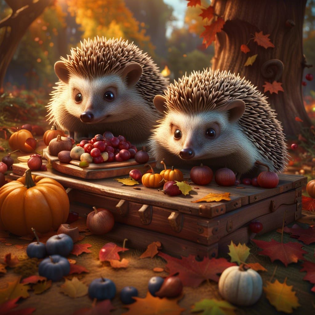 Hedgehogs' Autumn Picnic in Disney Style