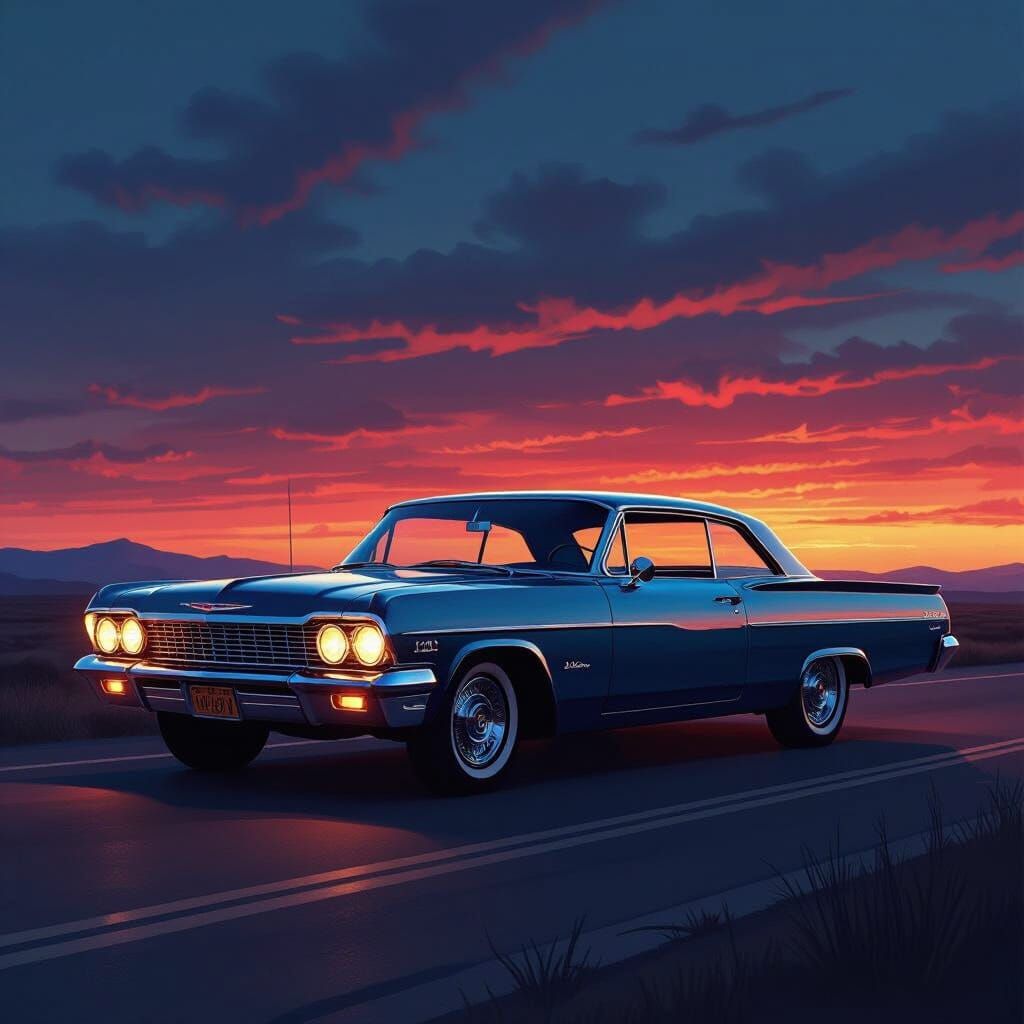 1967 Impala on Deserted Highway at Dusk