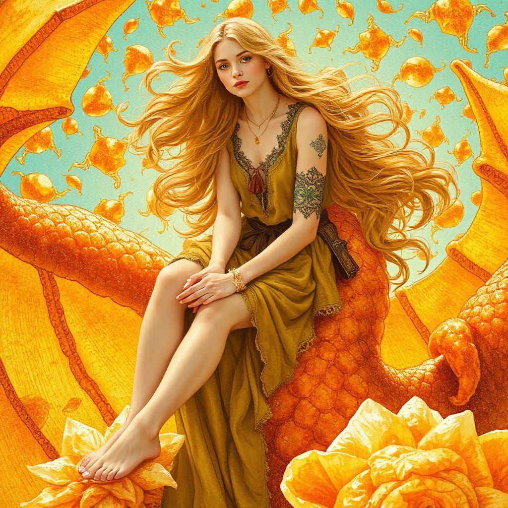 Woman on Gummy Dragon in Effervescent Sea