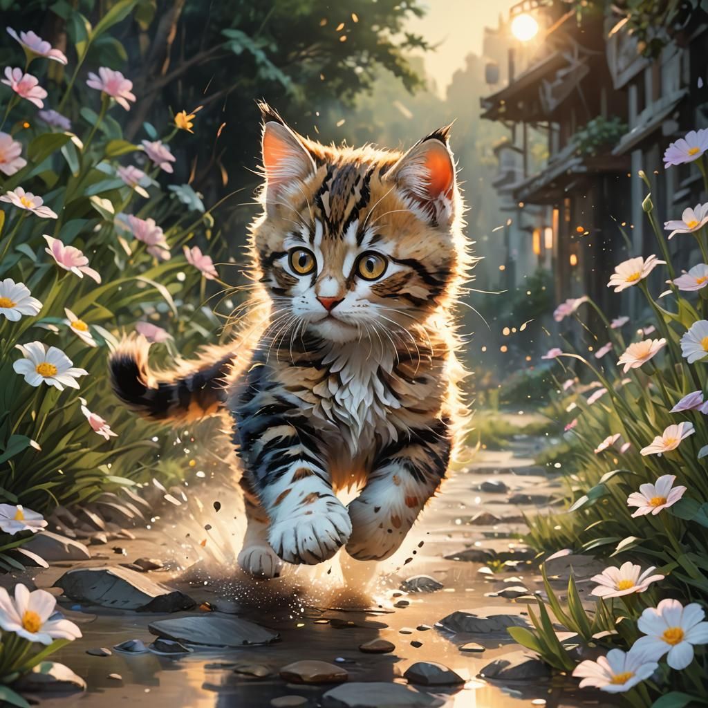 Kitten Running in Watercolor Speed Motion