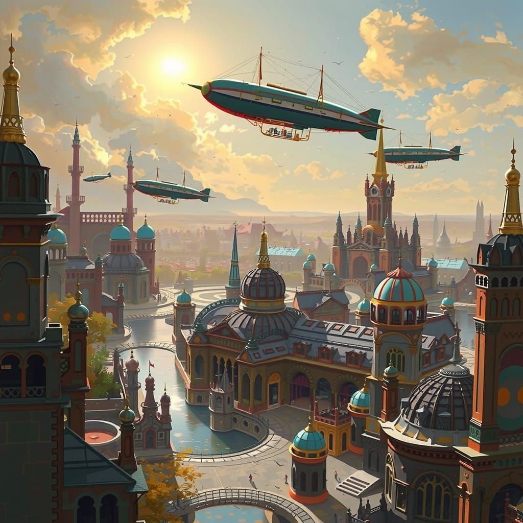 Tartarian Metropolis with Steampunk Airships in Painterly St...