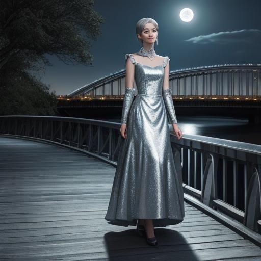 Silver Gown Under Moonlight on Ancient Bridge