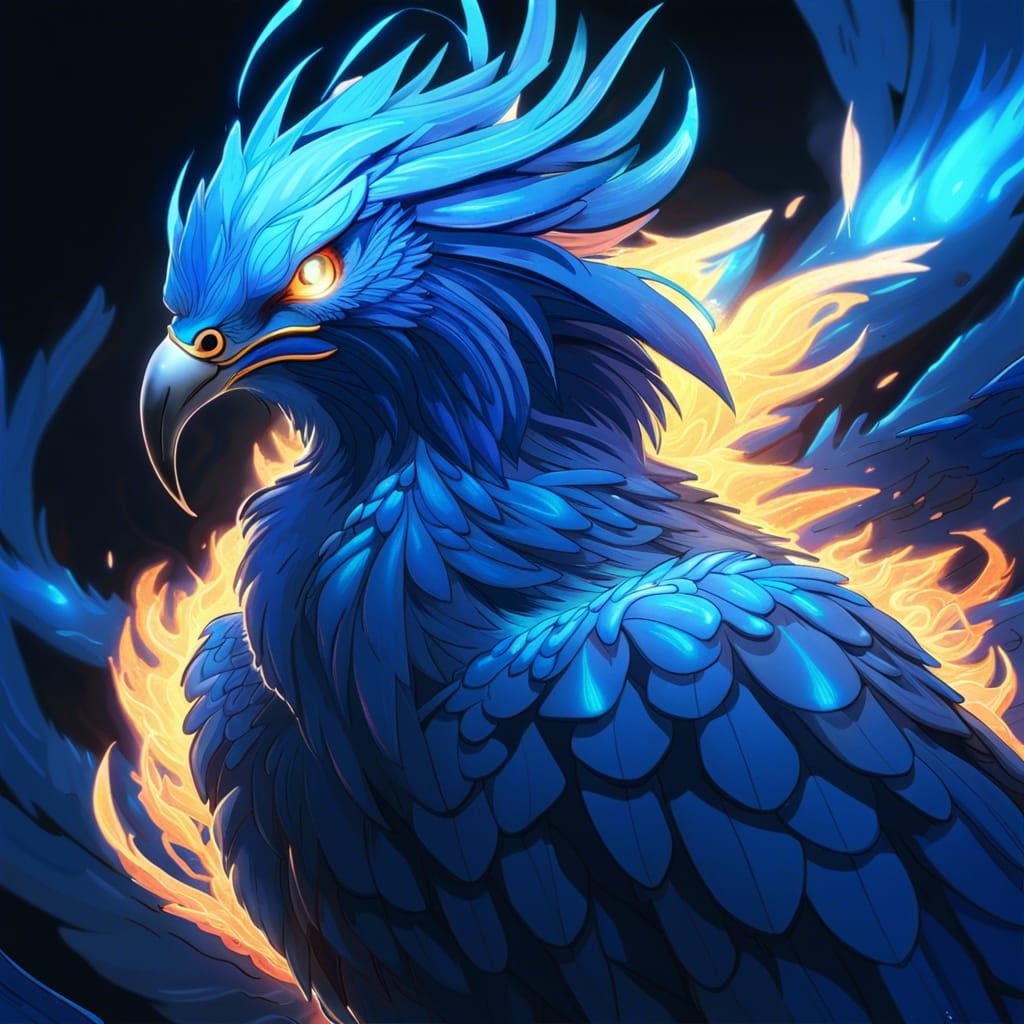 Majestic Blue Fire Phoenix in Anime CGI Style