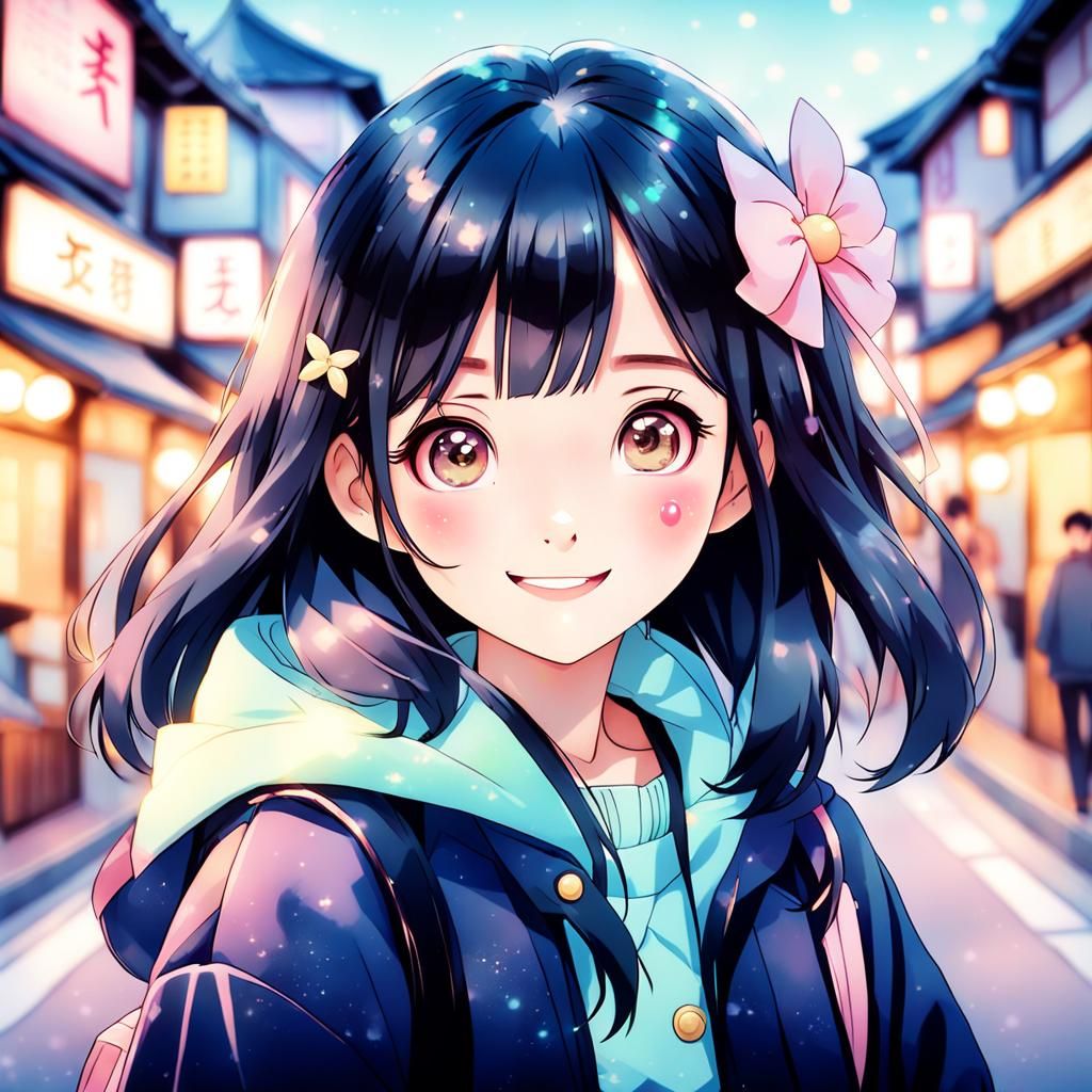 Japanese Girl Smiles Brightly with Big Eyes