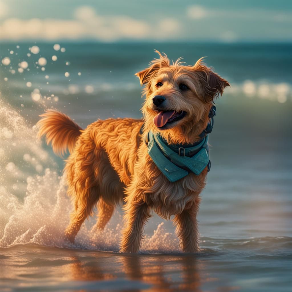 Happy Dog Playing in Waves, Digital Art