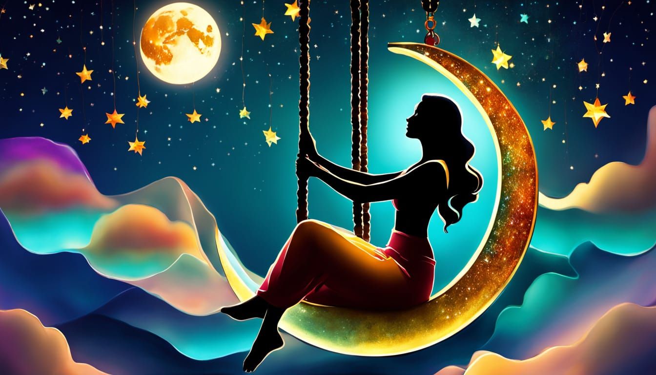 Woman on Moon Swing Under Starry Sky