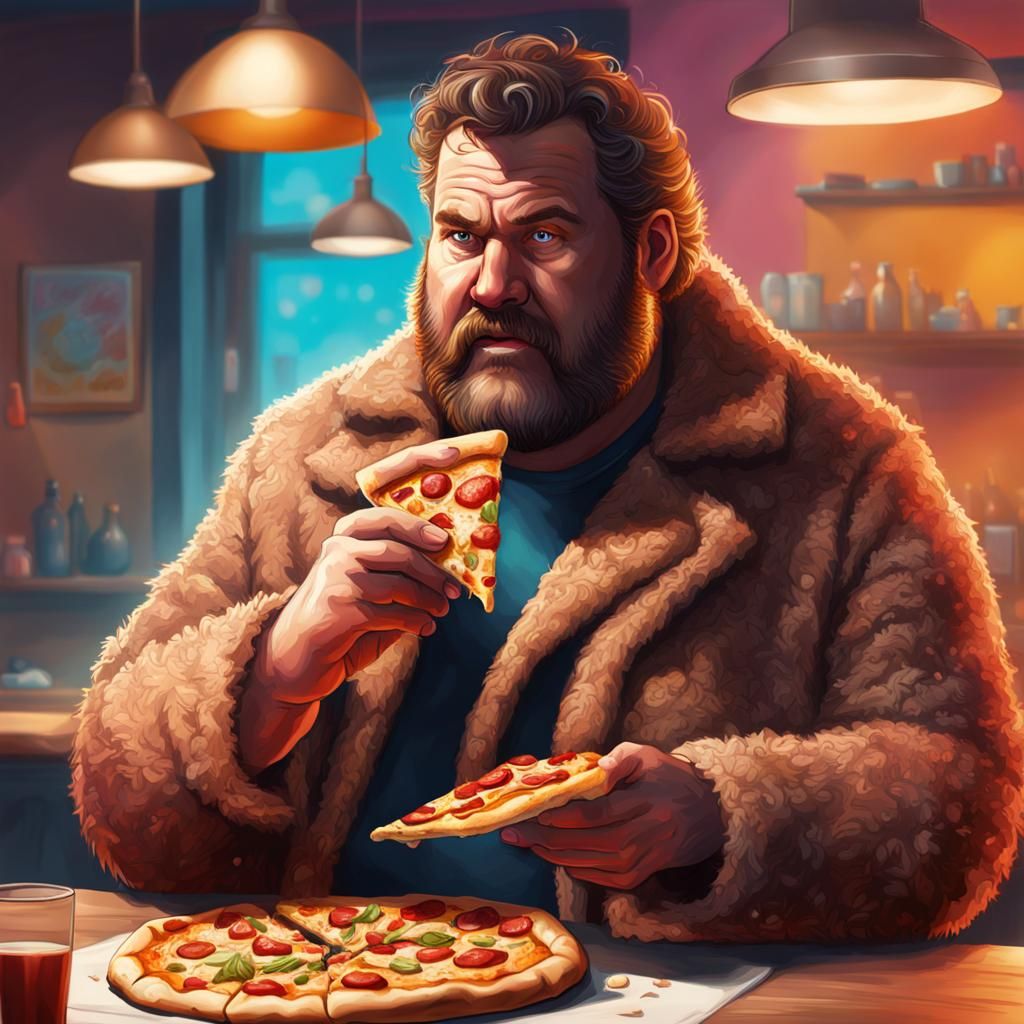 A big hairy man eating pizza wearing a teddy coat