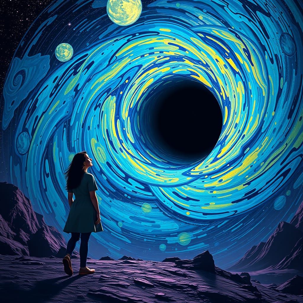 Woman at Black Hole in Dreamlike Sci-Fi Style