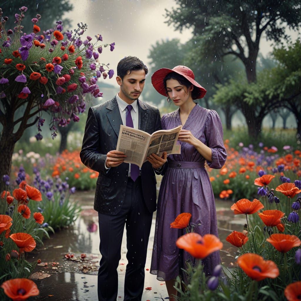 Nostalgic Couple in Rainy Flower Garden