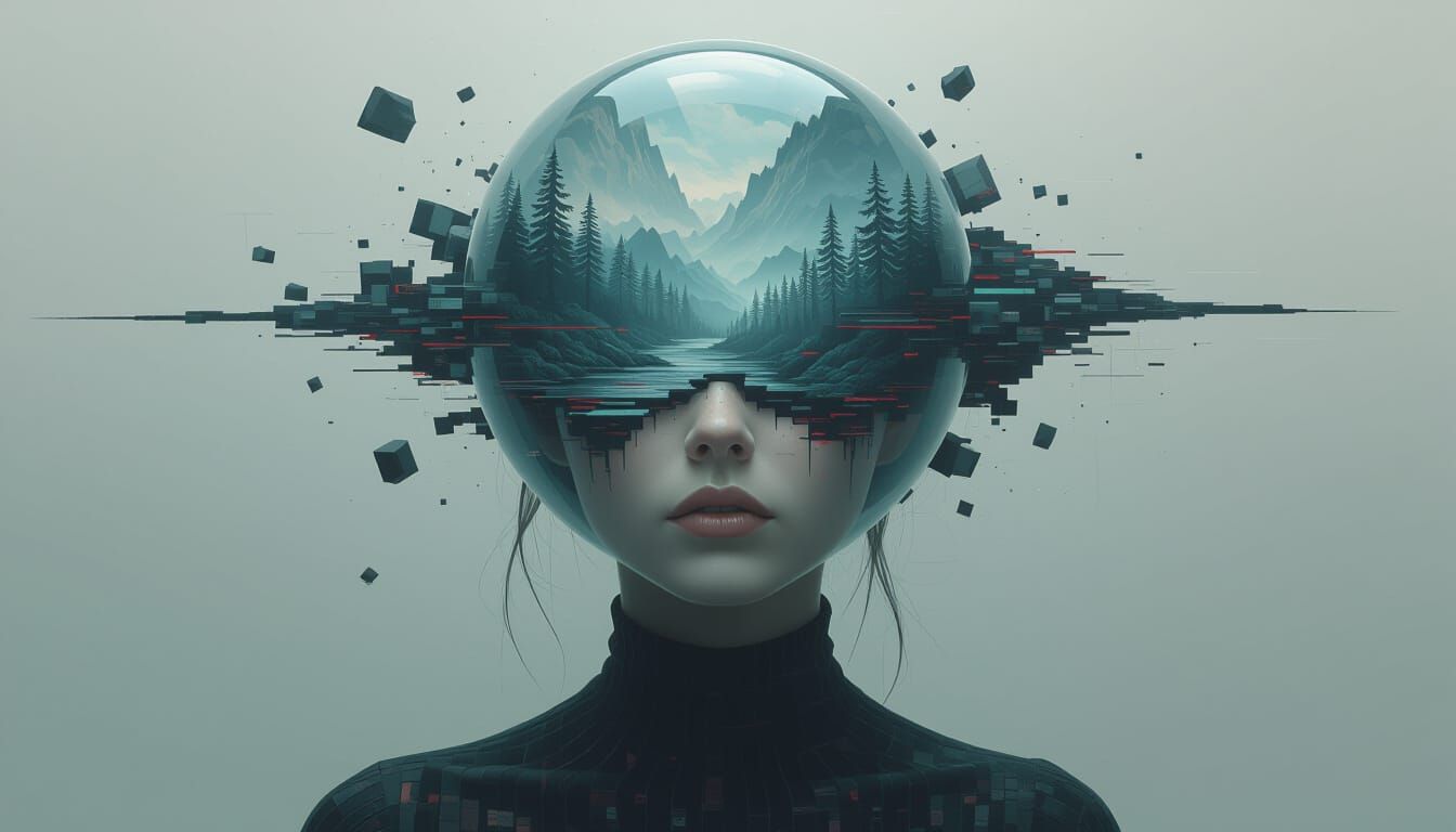 Ethereal Glass Sphere Portrait in Glitchpunk Style