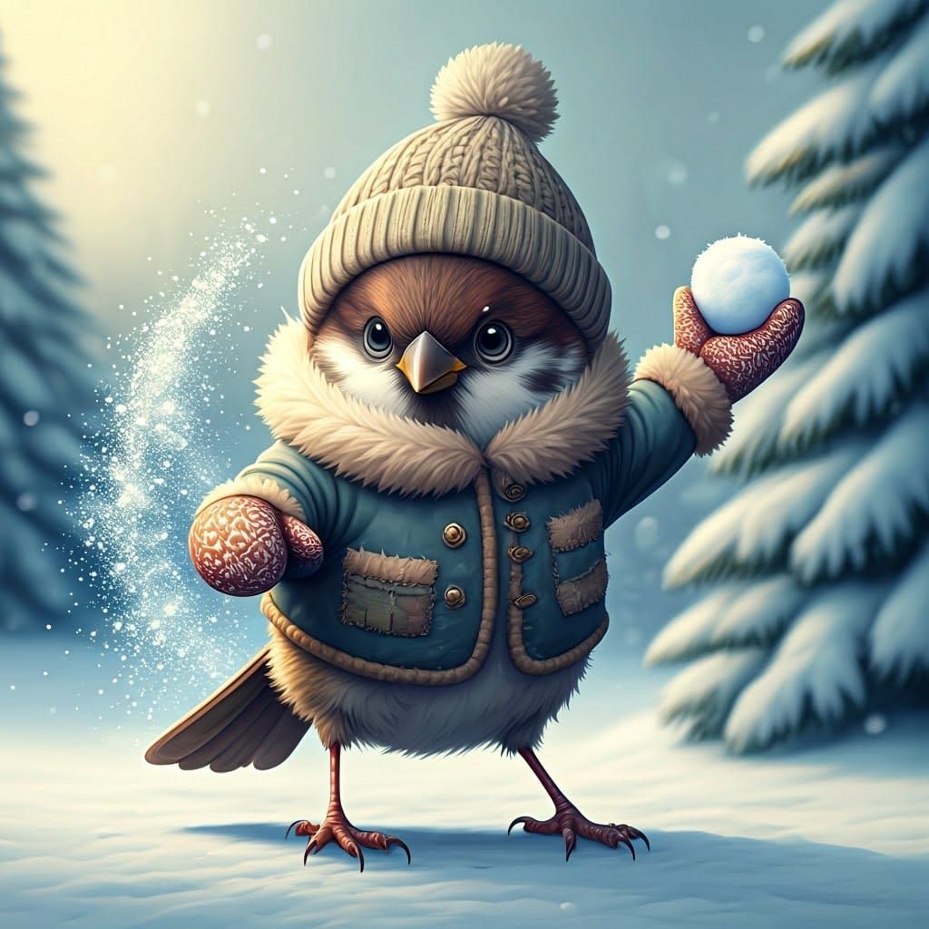 Whimsical Winter Sparrow in Miniature Patchwork Coat