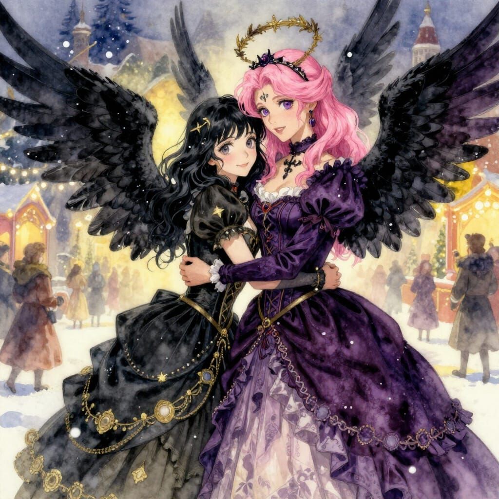 Gothic Angel and Reaper Embrace in Winter Wonderland