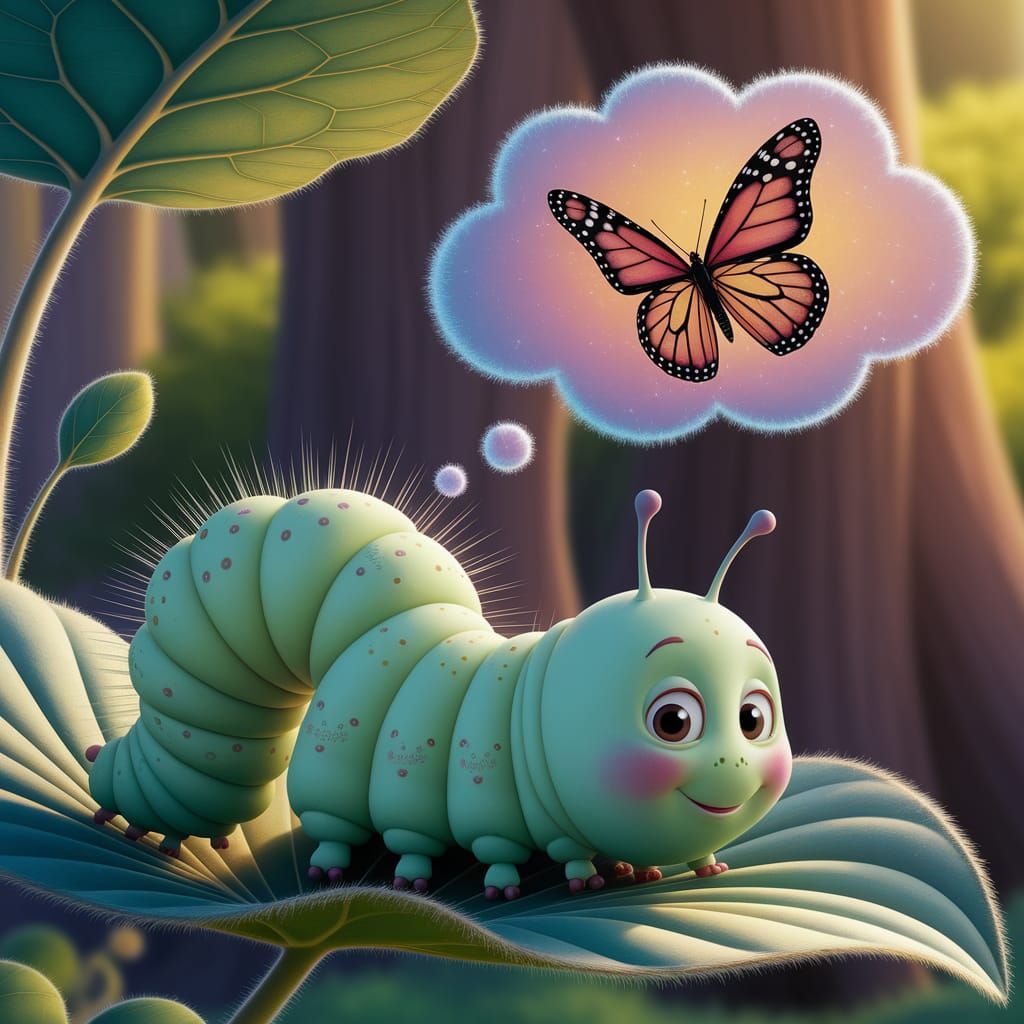 Pixar-Style Caterpillar Dreaming of Becoming a Butterfly