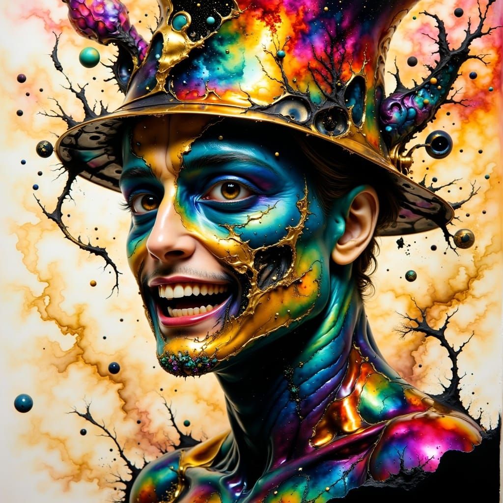 Surreal Jester's Splendor in Vibrant Splash Ink