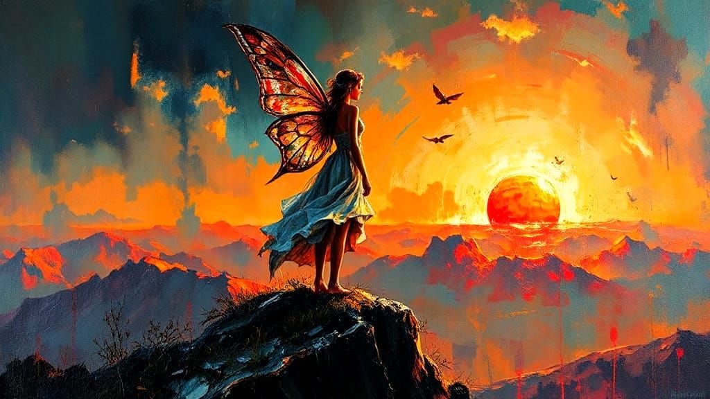 Winged Fairy on Cliff at Sunset: Expressionist Painting