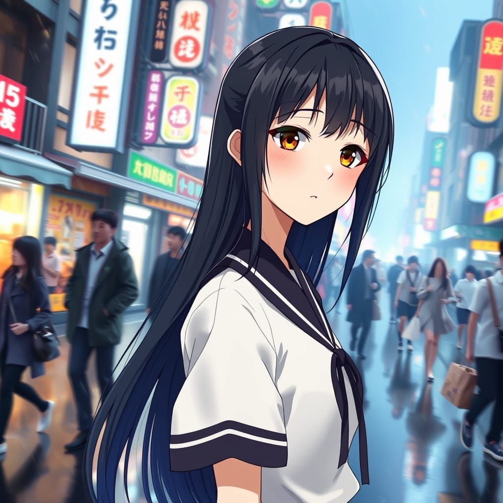 Girl in Rainy Anime City, Inspired by WLOP and Genshin Impac...