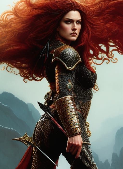 Epic Red Sonja Ink Painting in Dark Fantasy Style