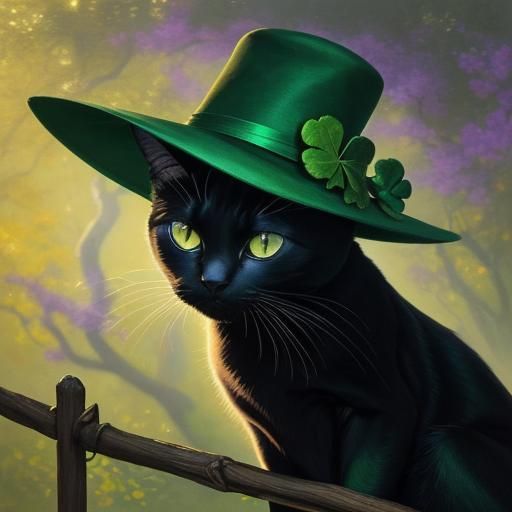 A black cat wearing a green shamrock hat stands eerily benea...