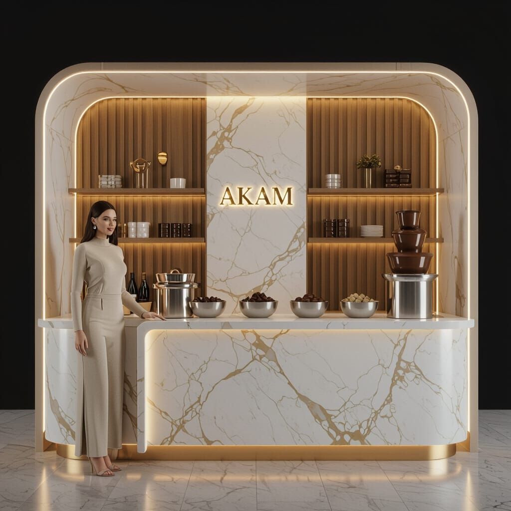 Elegant Woman Beside Modern Luxury Kiosk