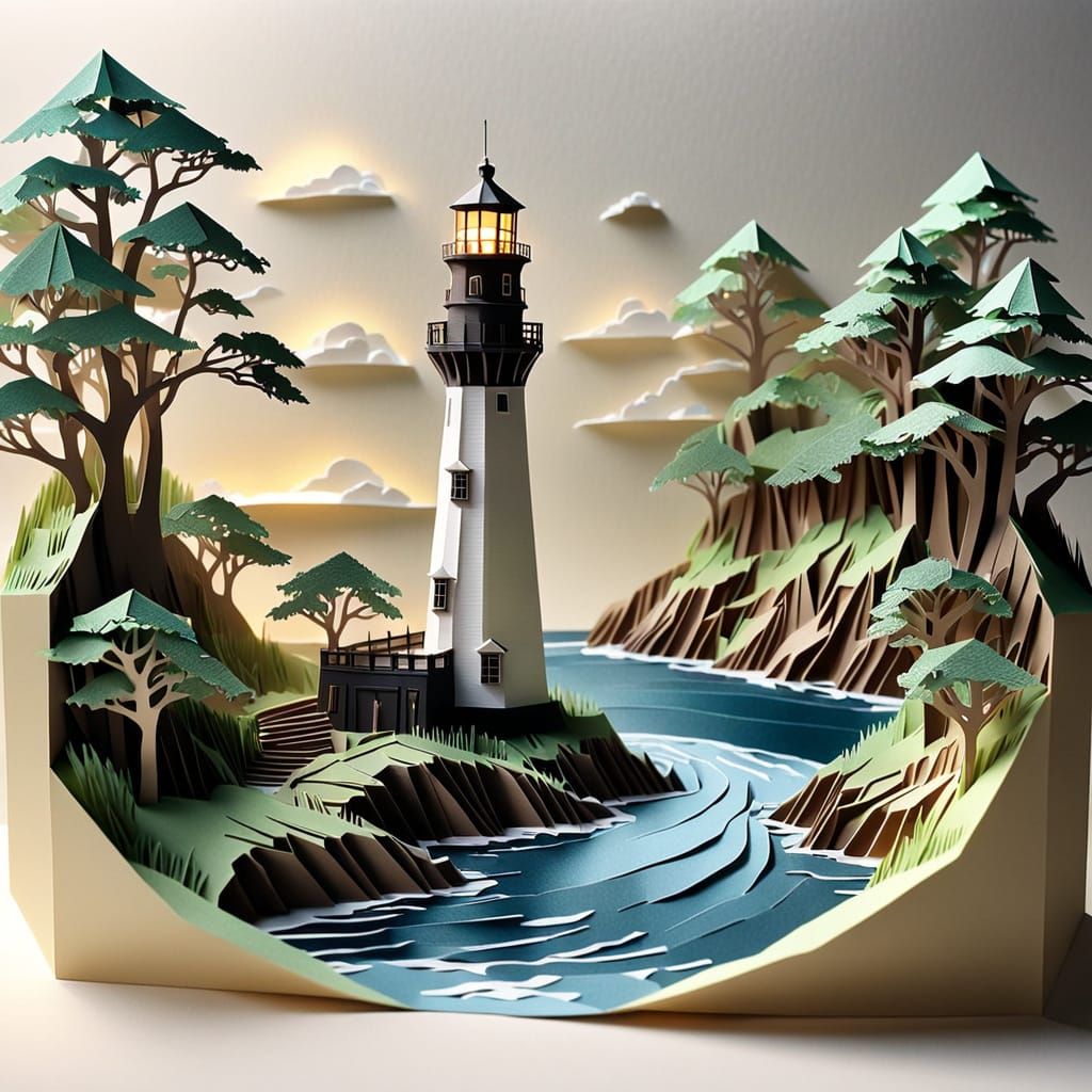 Detailed Kirigami Lighthouse Scene