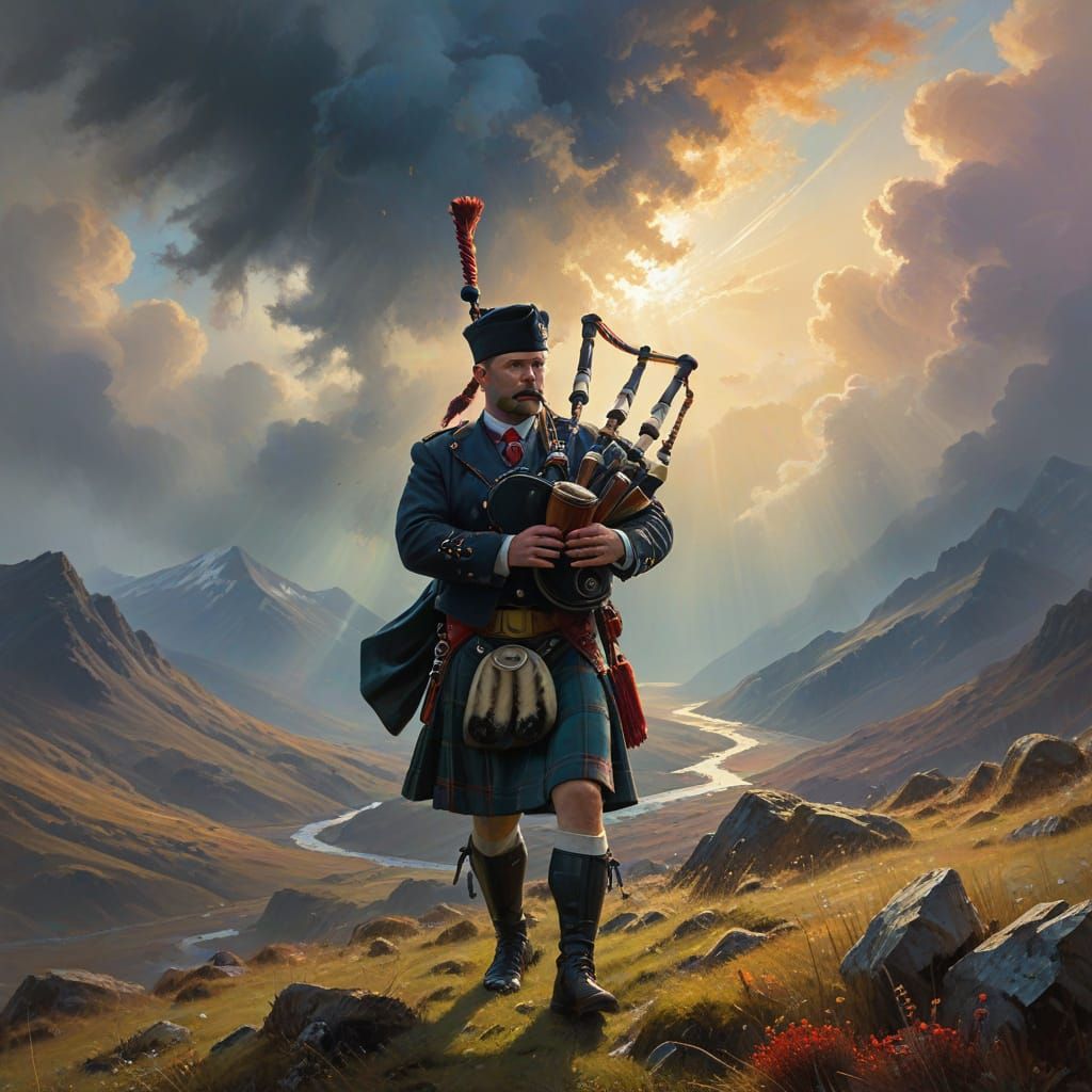Bagpipes in Misty Highlands: Gouache Masterpiece