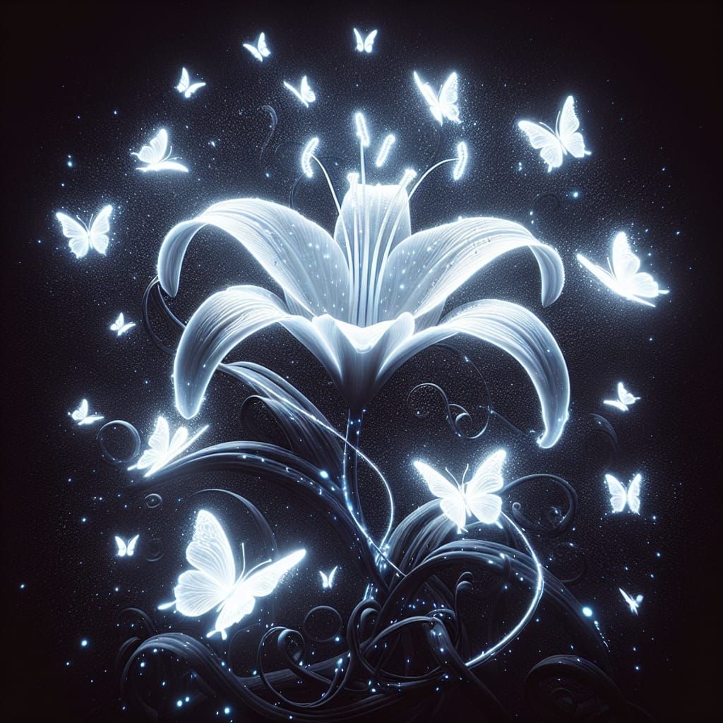 Bioluminescent Lily Flower with Neon Butterflies