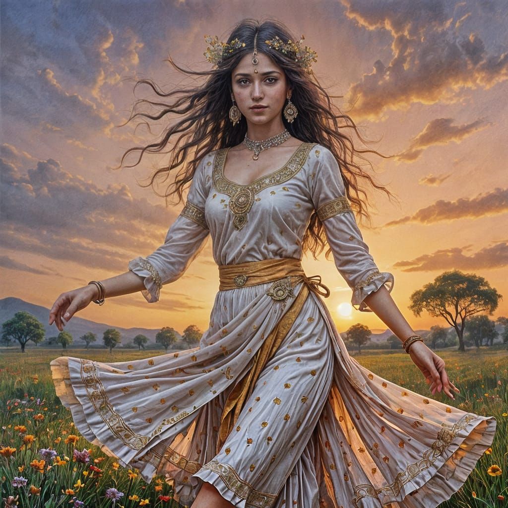 Ethereal Indian Woman in Vibrant Pastel Landscape
