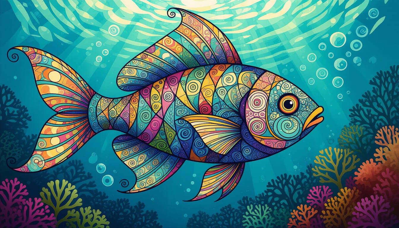 Zentangle Fish in Dreamlike Underwater Scene