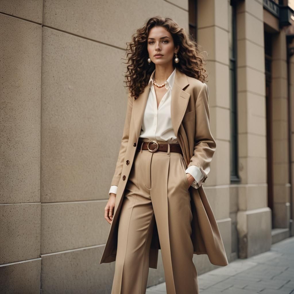 Fashion Model with Pearl Jewelry and Brown Outfit