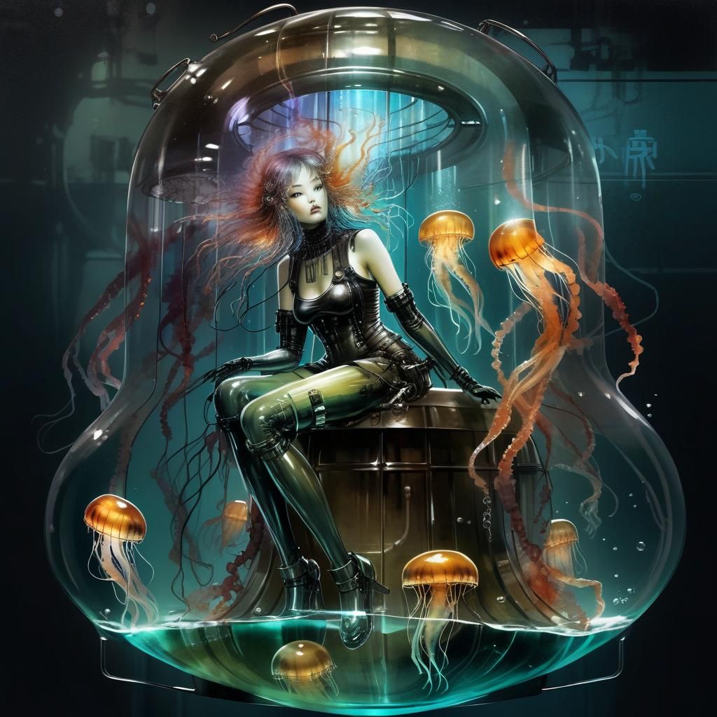 Biopunk Woman-Jellyfish Hybrid in Fantasy Lab